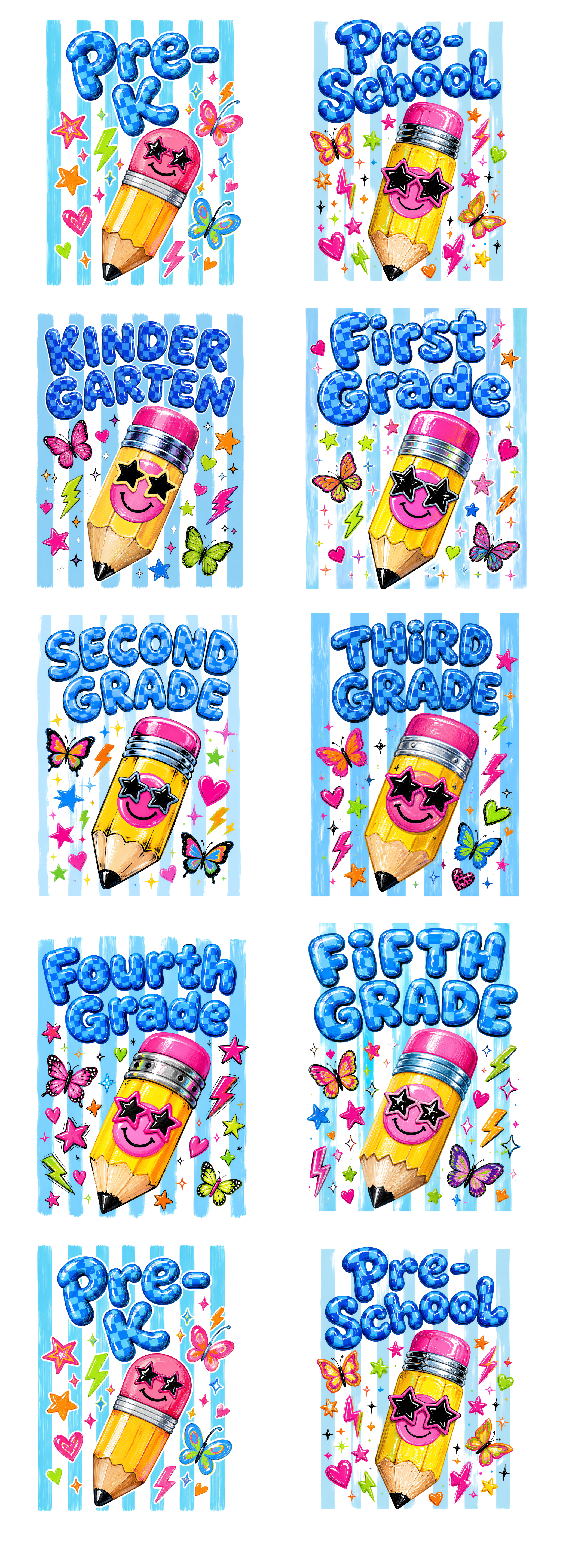 Smiley Pencil Youth DTF Gang Sheet | Back to School Pre-K Through 5th Grade Kids Transfers