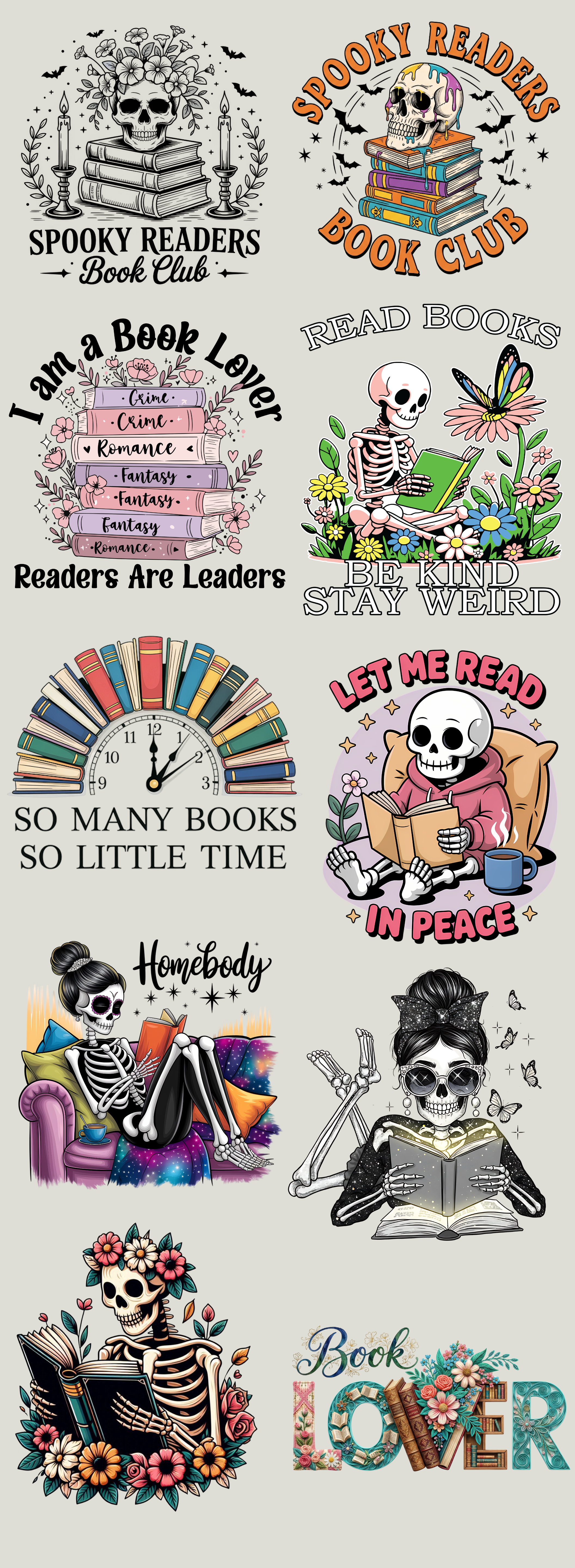 Spooky Readers DTF Transfer Bundle – Gothic Book Lover Graphic Collection