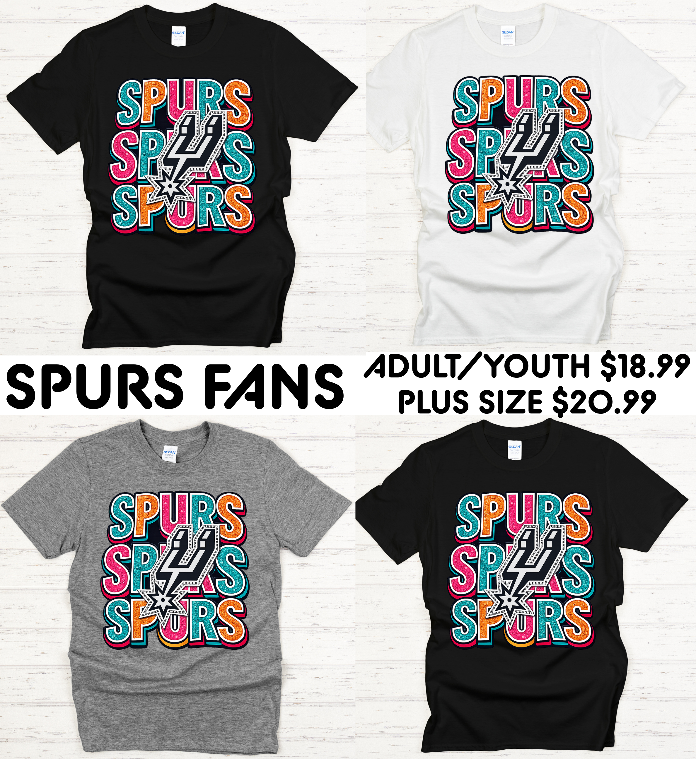 Spurs Fans Retro Glitter Graphic Tee | Gildan Softstyle Unisex Shirt