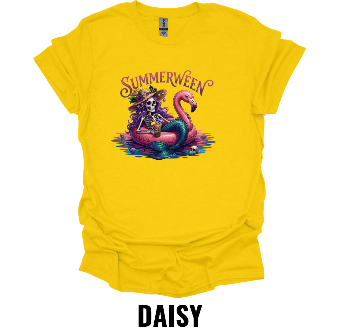 Summerween T-Shirt – Skeleton Flamingo Pool Float Tee