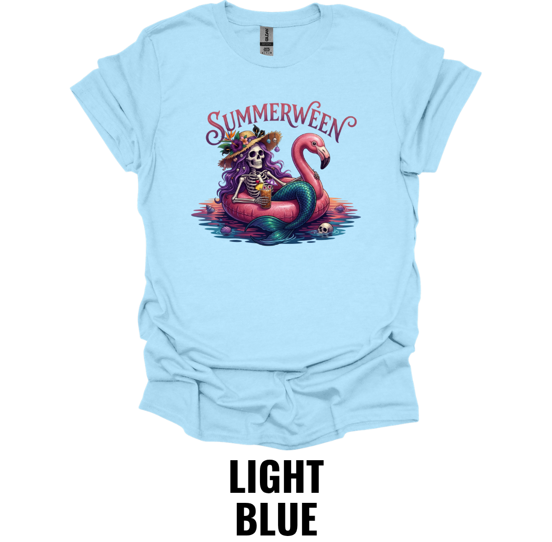 Summerween T-Shirt – Skeleton Flamingo Pool Float Tee