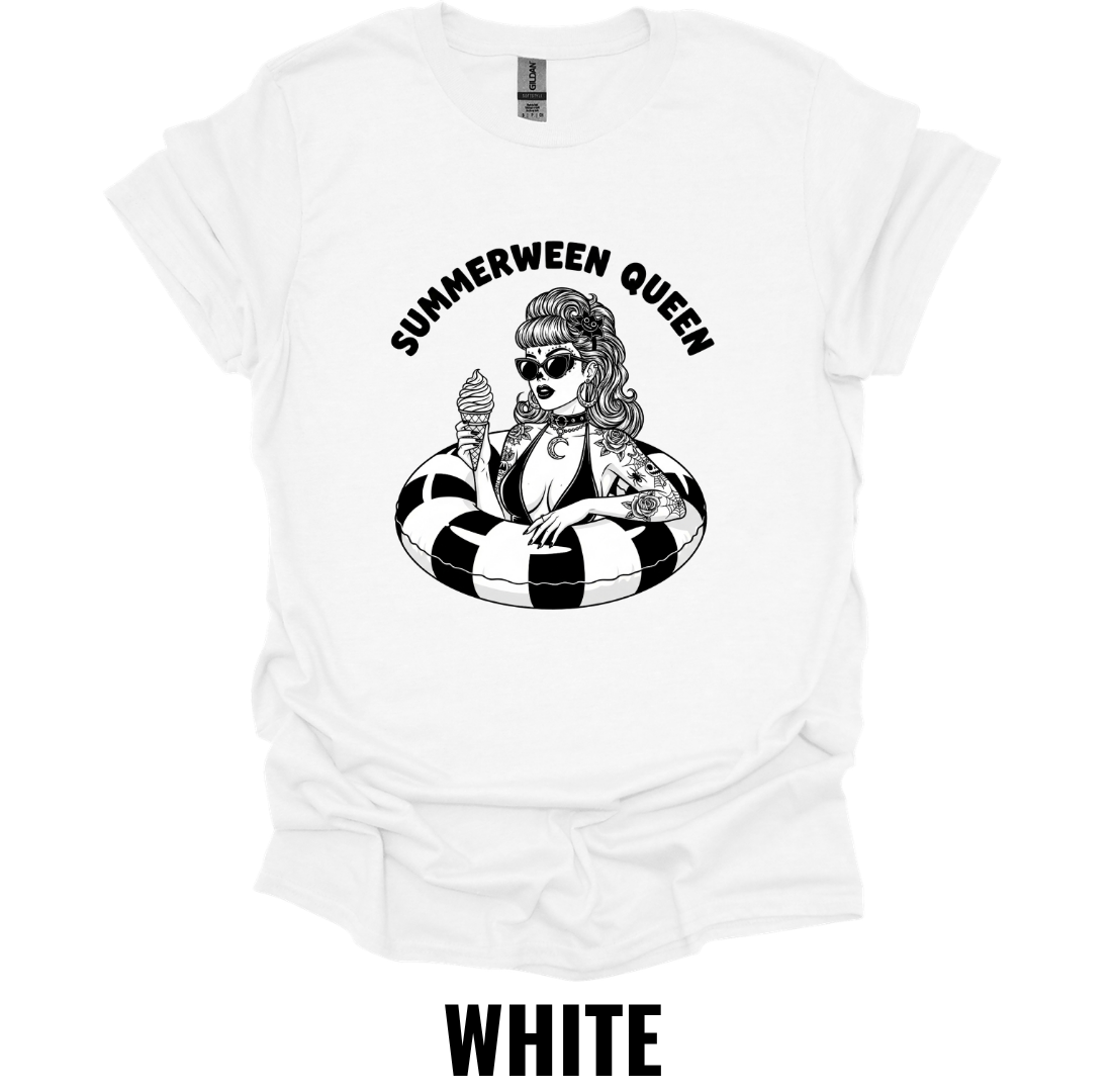 Summerween Queen T-Shirt – Retro Spooky Pool Float Tee