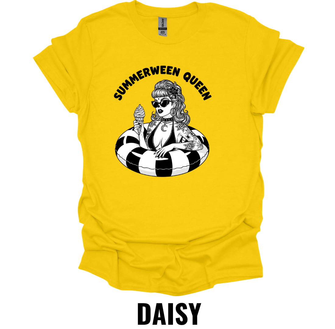 Summerween Queen T-Shirt – Retro Spooky Pool Float Tee