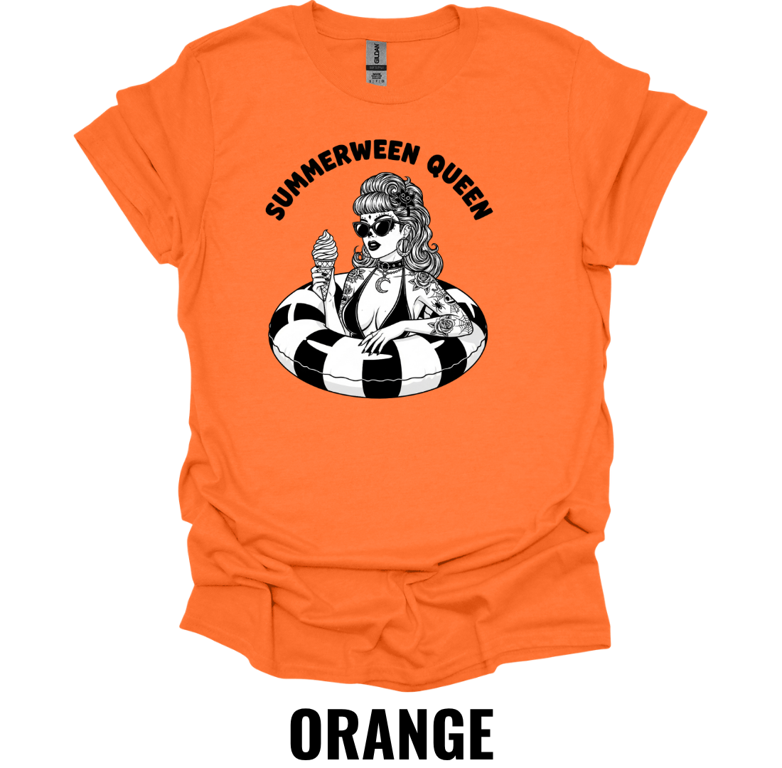 Summerween Queen T-Shirt – Retro Spooky Pool Float Tee