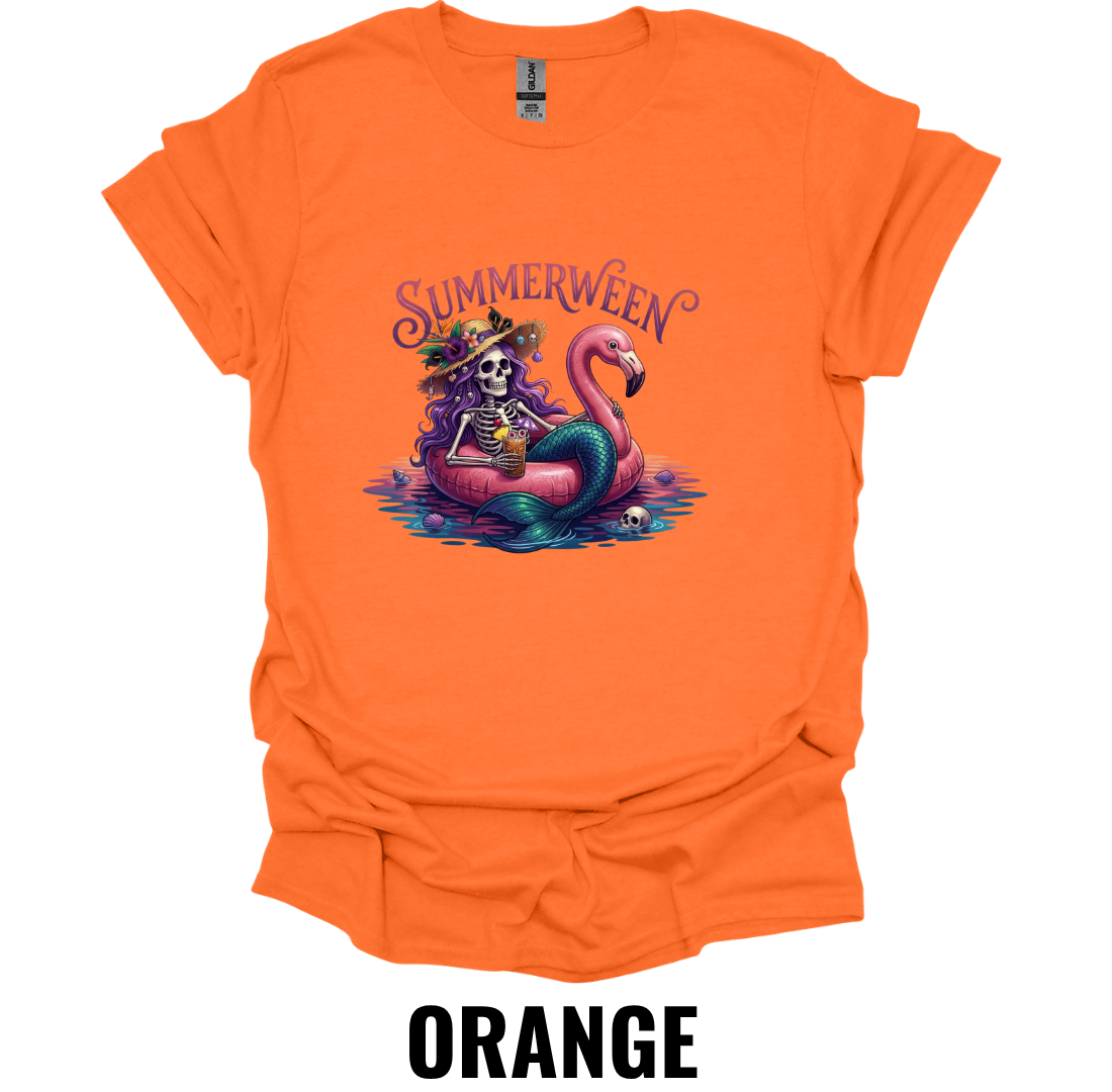 Summerween T-Shirt – Skeleton Flamingo Pool Float Tee