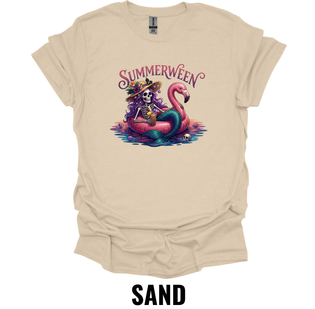 Summerween T-Shirt – Skeleton Flamingo Pool Float Tee