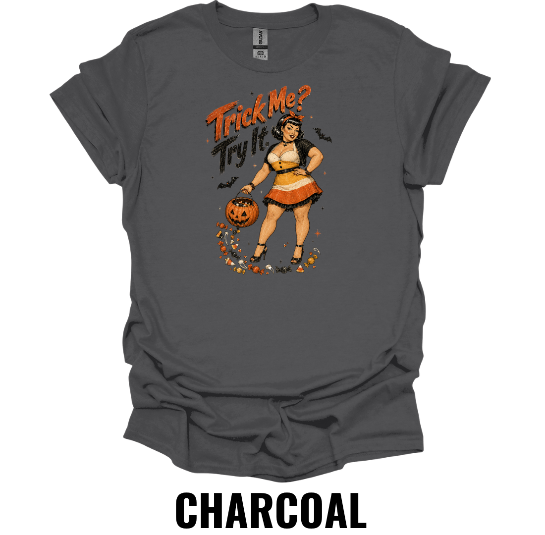 Trick Me? Try It! T-Shirt – Vintage Halloween Pin Up Graphic Tee Retro Spooky Pumpkin Shirt