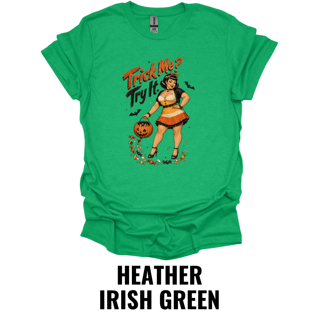 Trick Me? Try It! T-Shirt – Vintage Halloween Pin Up Graphic Tee Retro Spooky Pumpkin Shirt