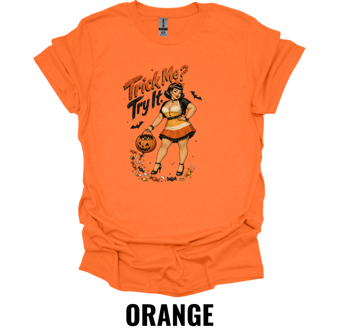 Trick Me? Try It! T-Shirt – Vintage Halloween Pin Up Graphic Tee Retro Spooky Pumpkin Shirt
