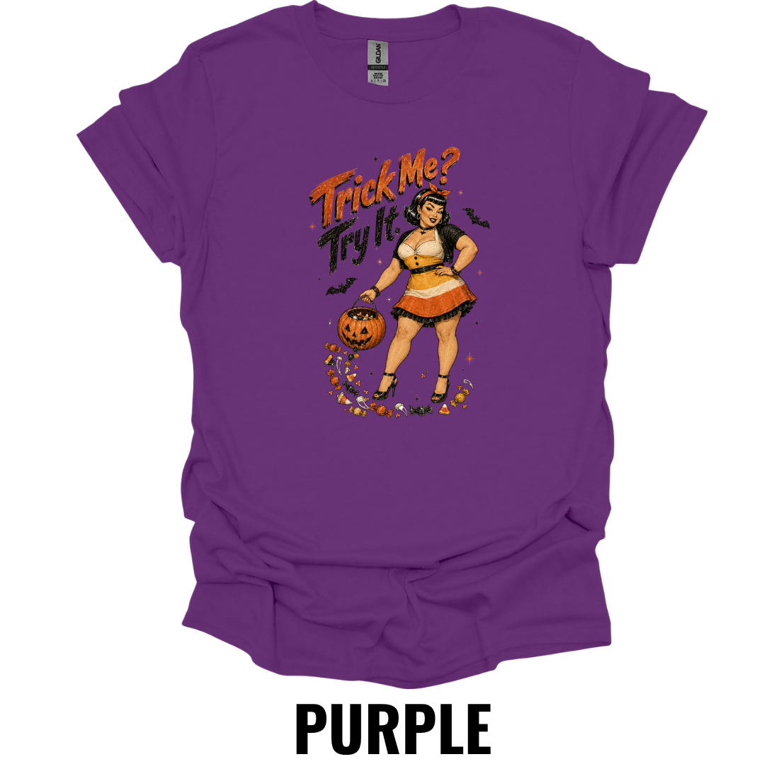 Trick Me? Try It! T-Shirt – Vintage Halloween Pin Up Graphic Tee Retro Spooky Pumpkin Shirt