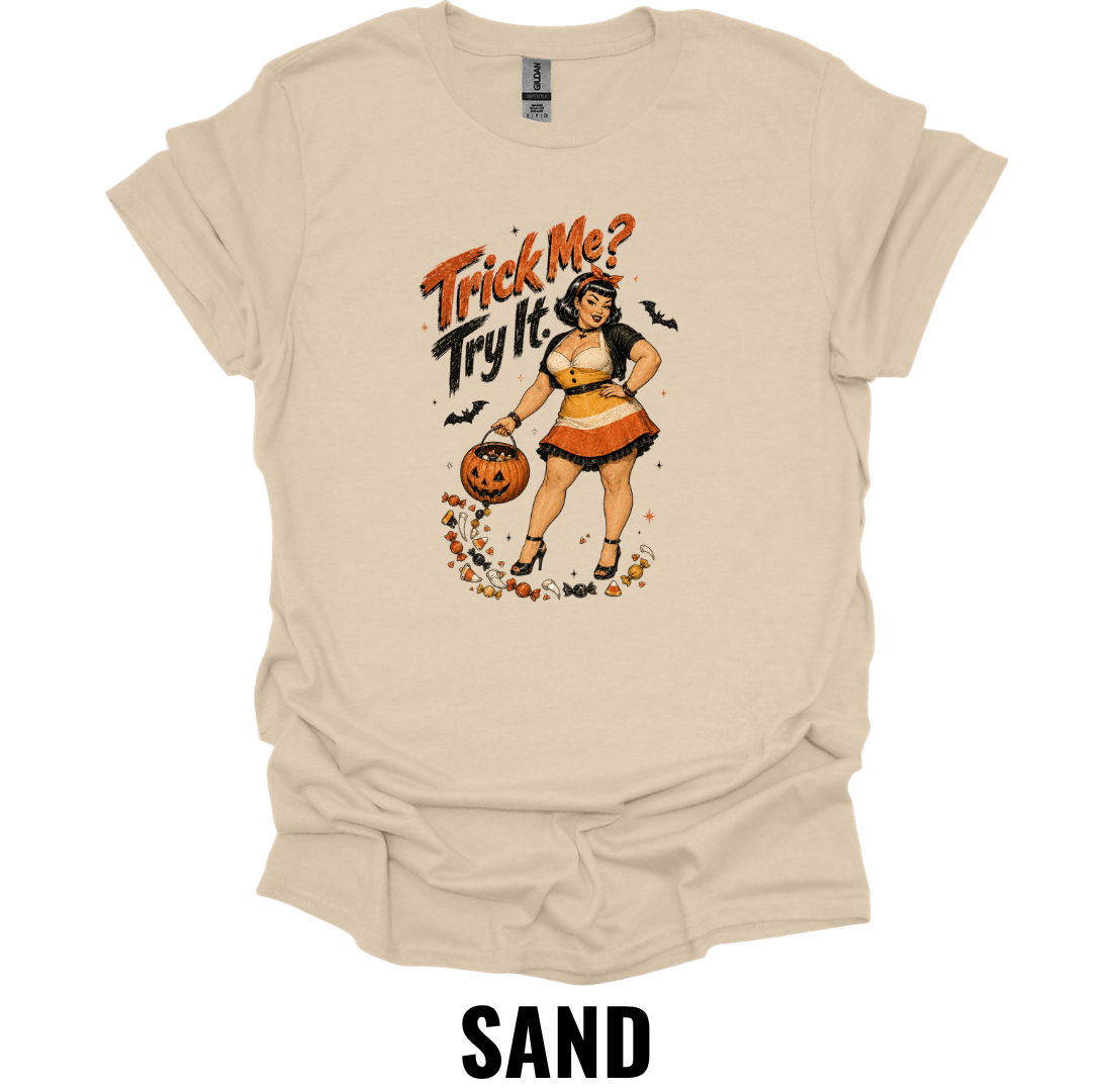 Trick Me? Try It! T-Shirt – Vintage Halloween Pin Up Graphic Tee Retro Spooky Pumpkin Shirt