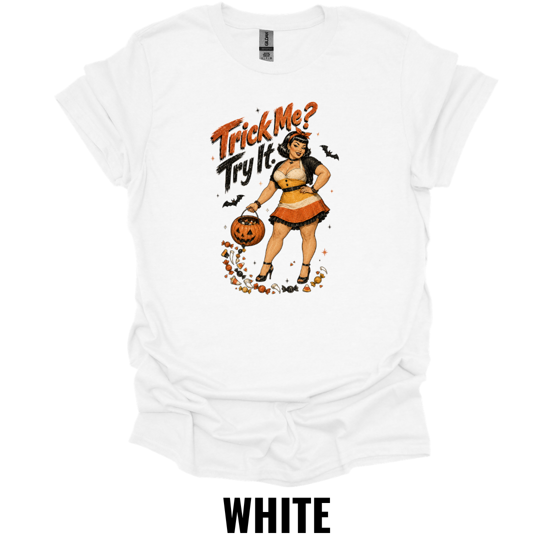 Trick Me? Try It! T-Shirt – Vintage Halloween Pin Up Graphic Tee Retro Spooky Pumpkin Shirt
