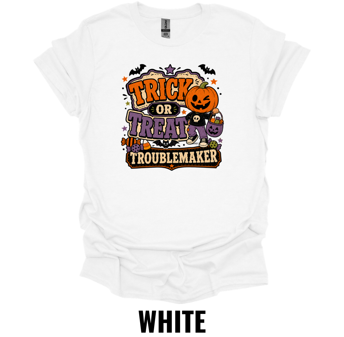 Trick or Treat Troublemaker T-Shirt – Funny Halloween Tee