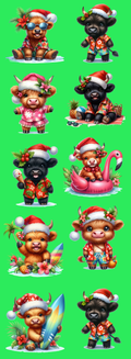 Tropical Christmas Highland Cow DTF Gang Sheet | Beach Holiday Cow Designs
