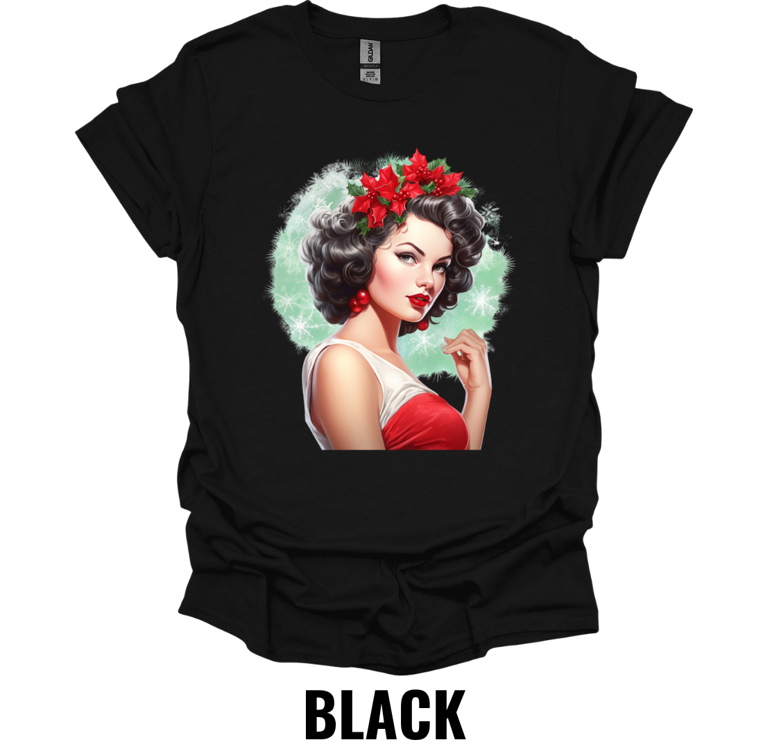 Vintage Christmas Pin Up Girl Shirt – Retro Holiday Glamour Graphic Tee