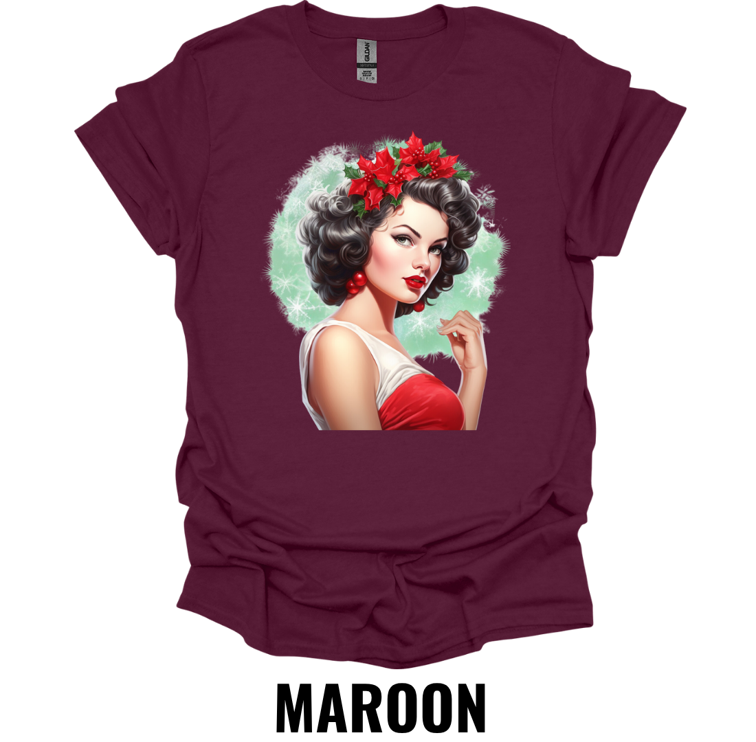 Vintage Christmas Pin Up Girl Shirt – Retro Holiday Glamour Graphic Tee