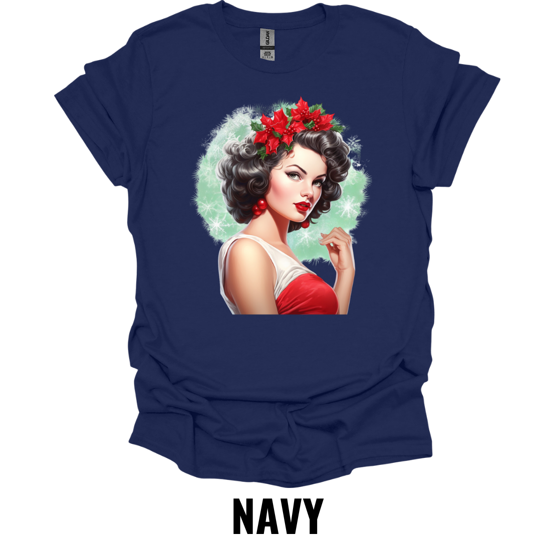 Vintage Christmas Pin Up Girl Shirt – Retro Holiday Glamour Graphic Tee