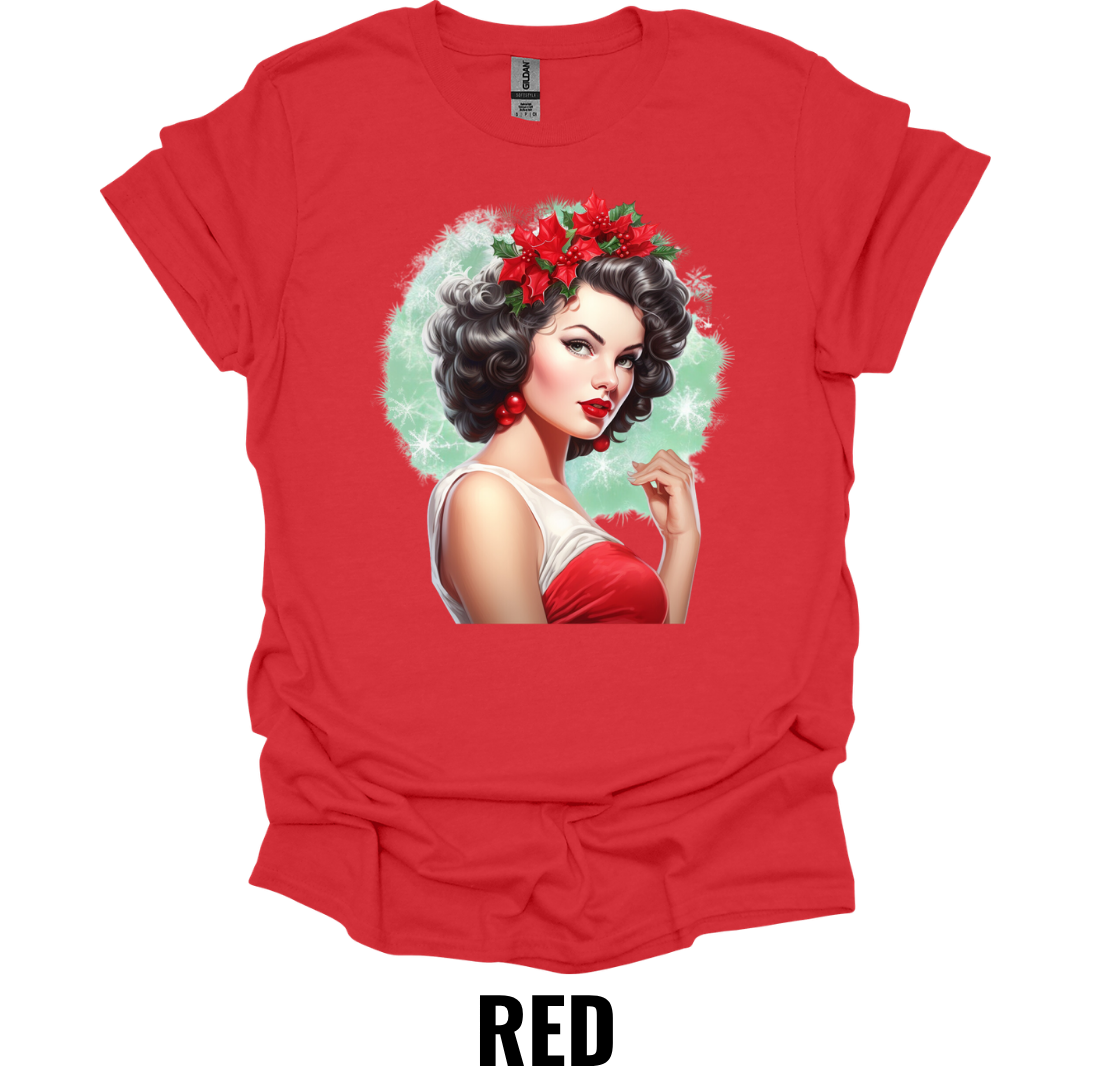 Vintage Christmas Pin Up Girl Shirt – Retro Holiday Glamour Graphic Tee
