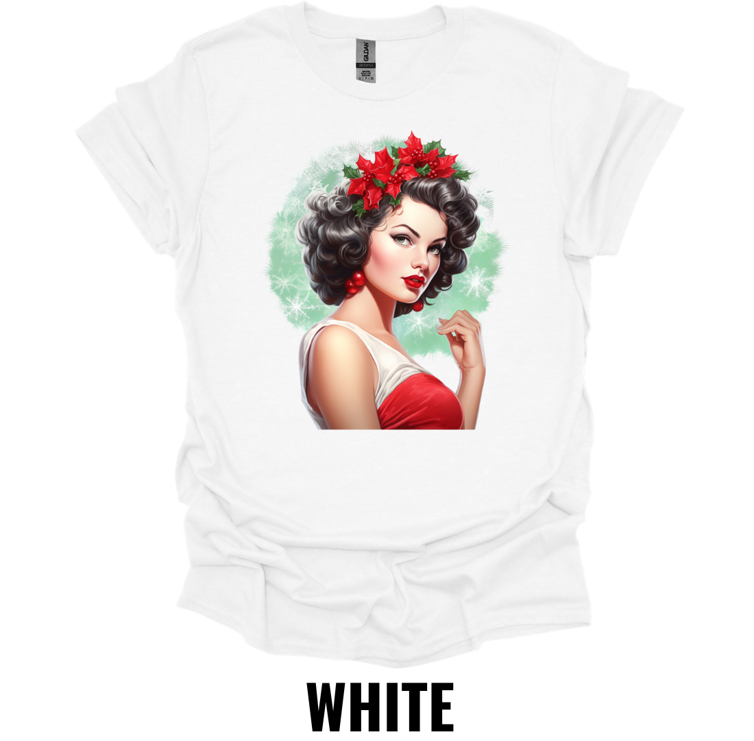 Vintage Christmas Pin Up Girl Shirt – Retro Holiday Glamour Graphic Tee