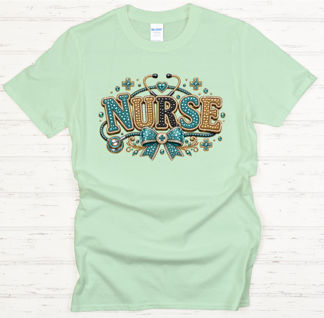 Vintage Glam Nurse Bow Stethoscope Graphic Shirt on Gildan Softstyle Tee