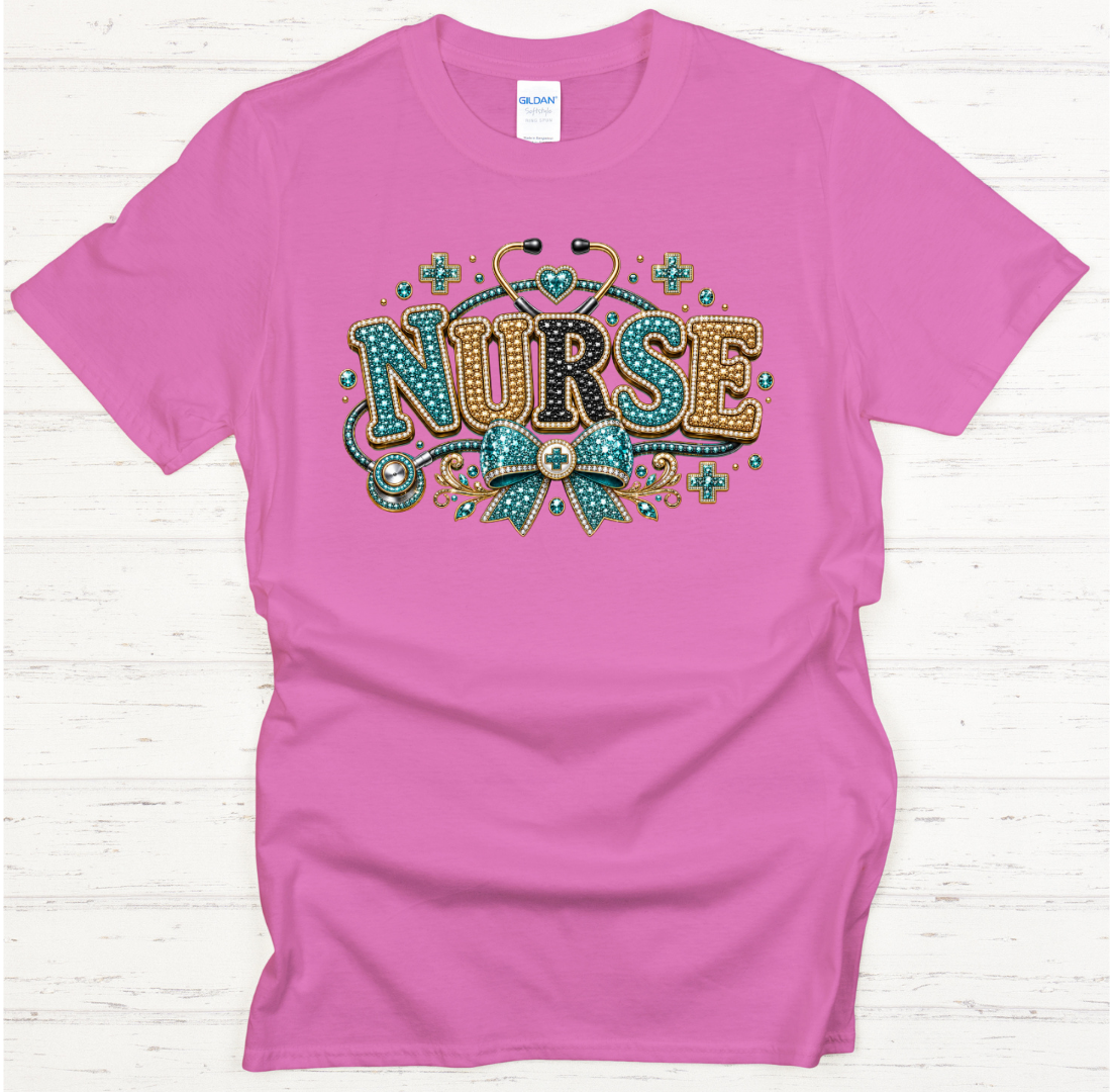 Vintage Glam Nurse Bow Stethoscope Graphic Shirt on Gildan Softstyle Tee