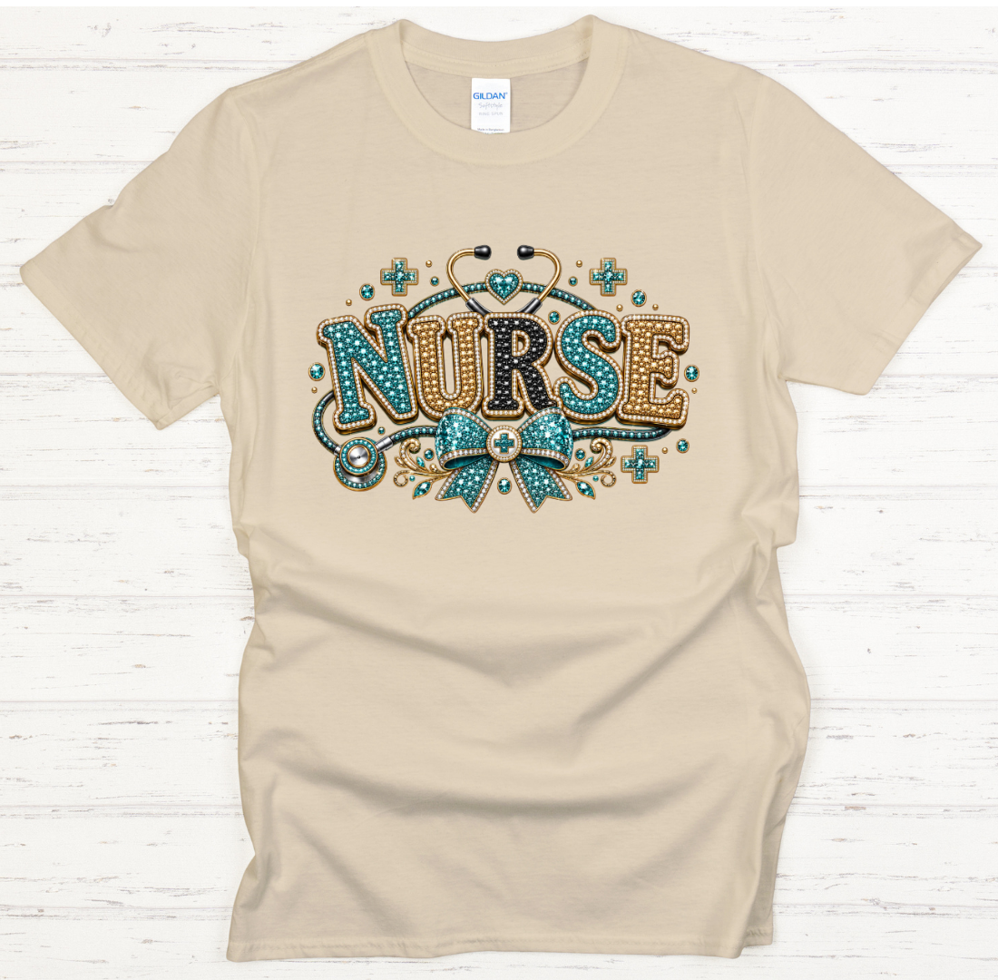 Vintage Glam Nurse Bow Stethoscope Graphic Shirt on Gildan Softstyle Tee