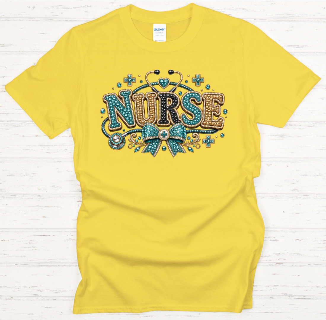 Vintage Glam Nurse Bow Stethoscope Graphic Shirt on Gildan Softstyle Tee