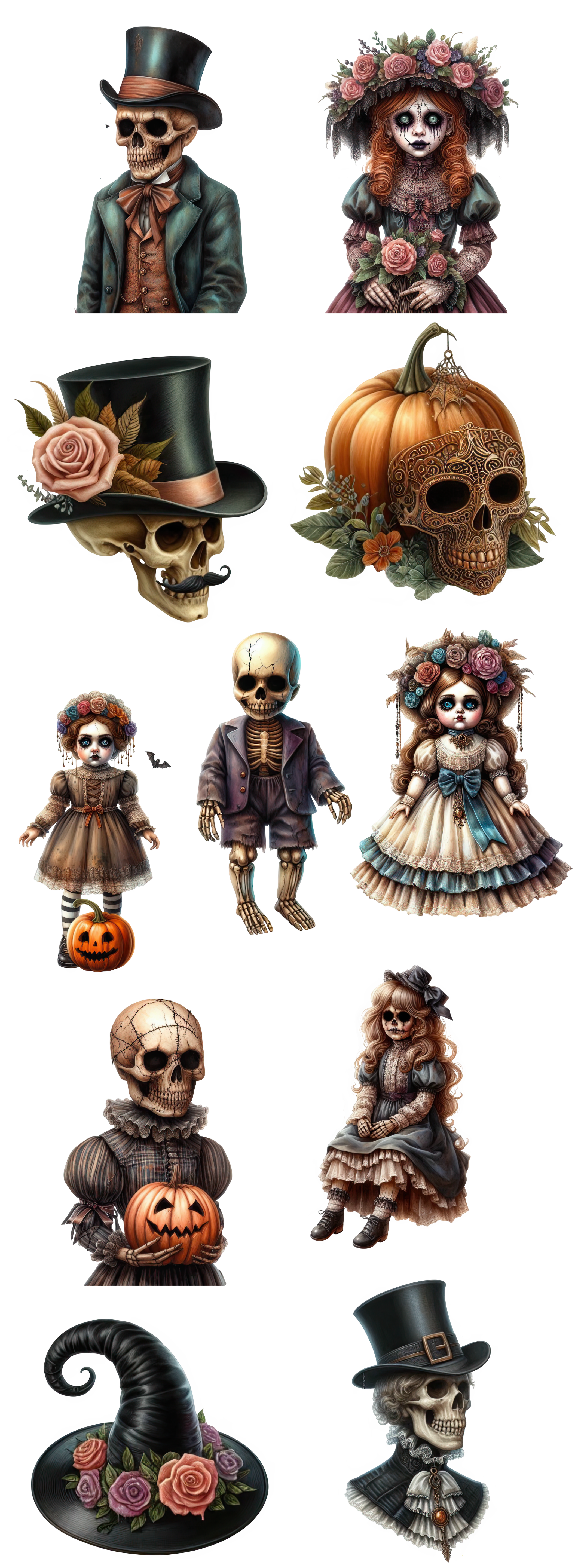 Vintage Gothic Halloween DTF Gang Sheet | Skeleton & Doll Designs