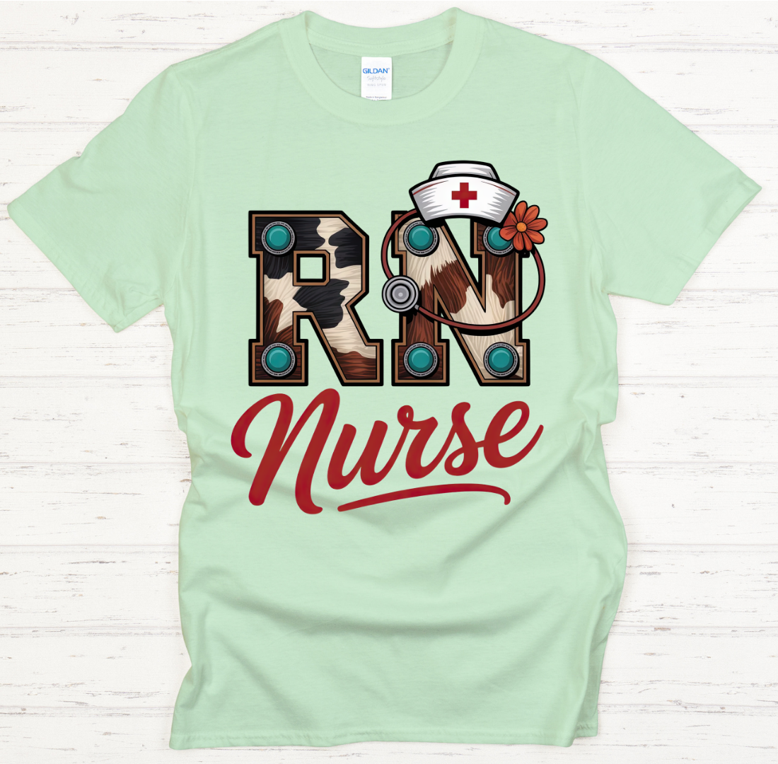 Western RN Nurse Cowhide Medical Shirt on Gildan Softstyle Tee