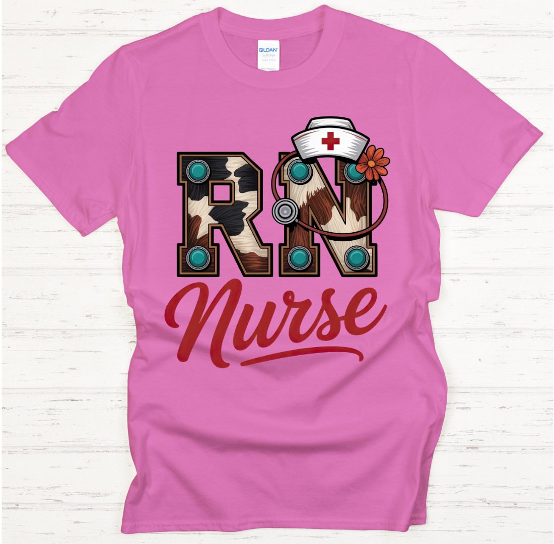 Western RN Nurse Cowhide Medical Shirt on Gildan Softstyle Tee