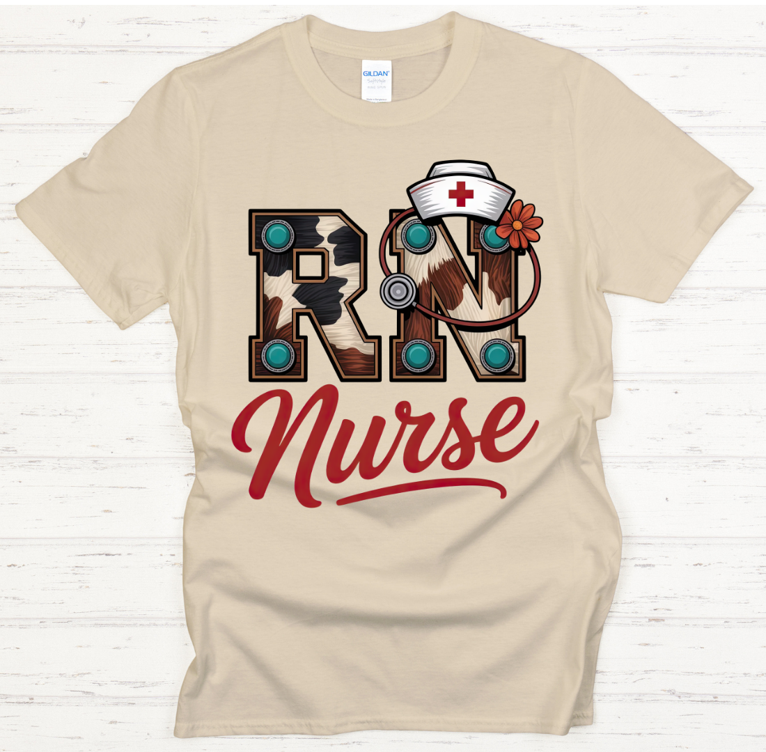 Western RN Nurse Cowhide Medical Shirt on Gildan Softstyle Tee