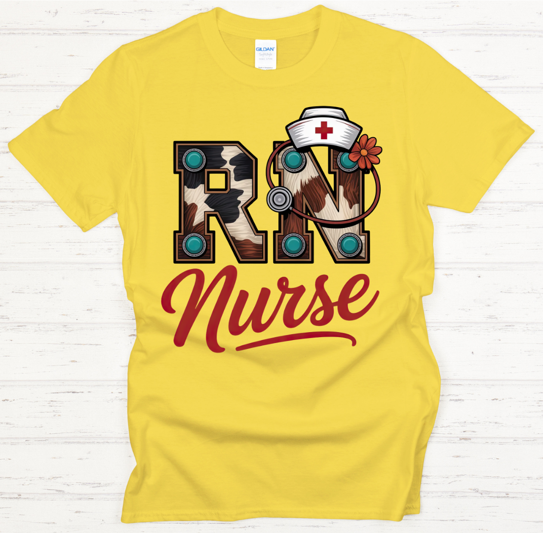 Western RN Nurse Cowhide Medical Shirt on Gildan Softstyle Tee
